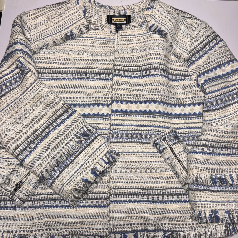 Anthropologie Greylin Blue and Cream Textured Fringe Jacket